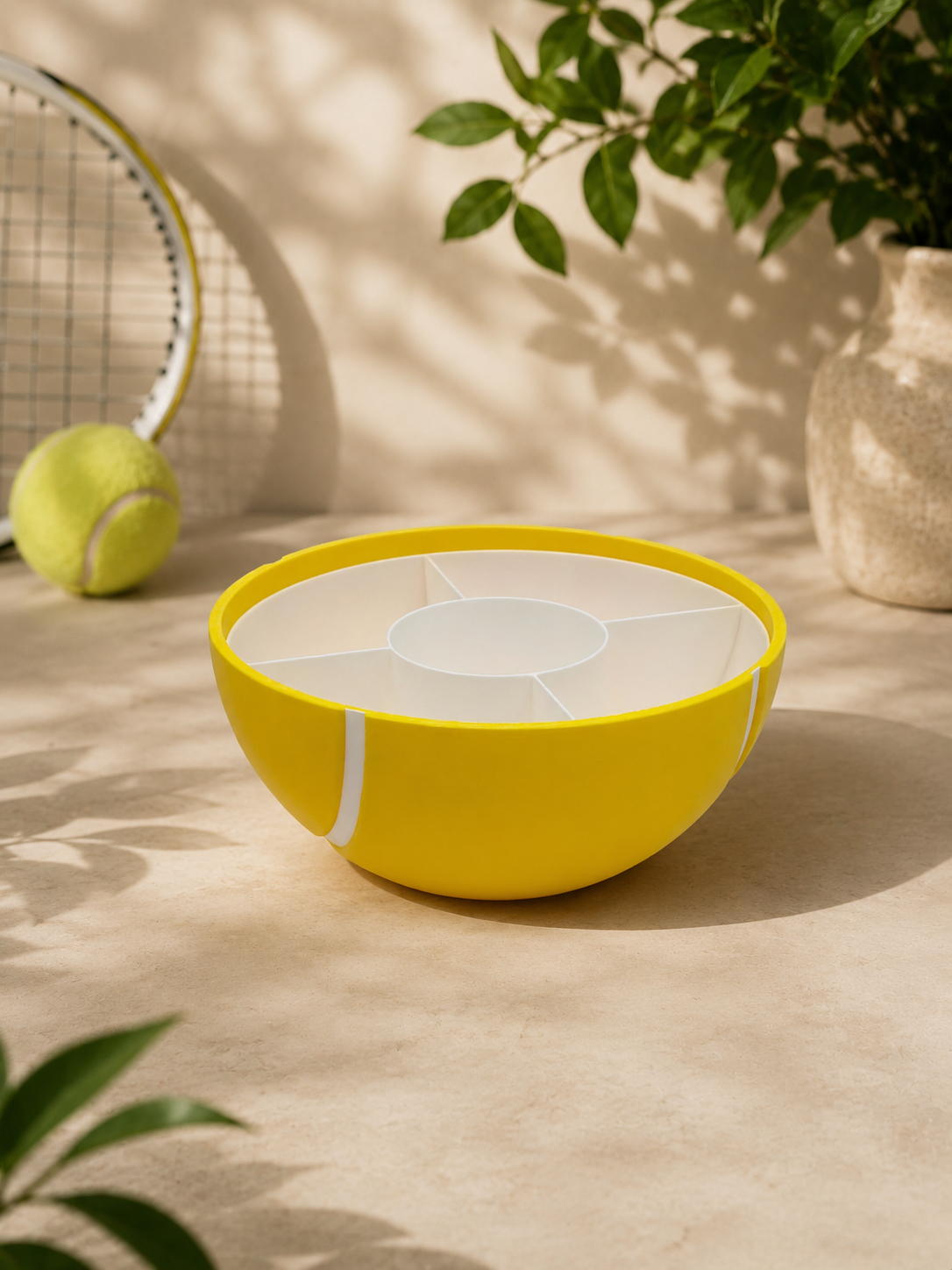 Tennisball Snackschale mit 4 Fächern | Tennis Deko & Geschenk | Snack Schale Gelb Weiß | Servierschale für Snacks | Tennis Geschenkidee