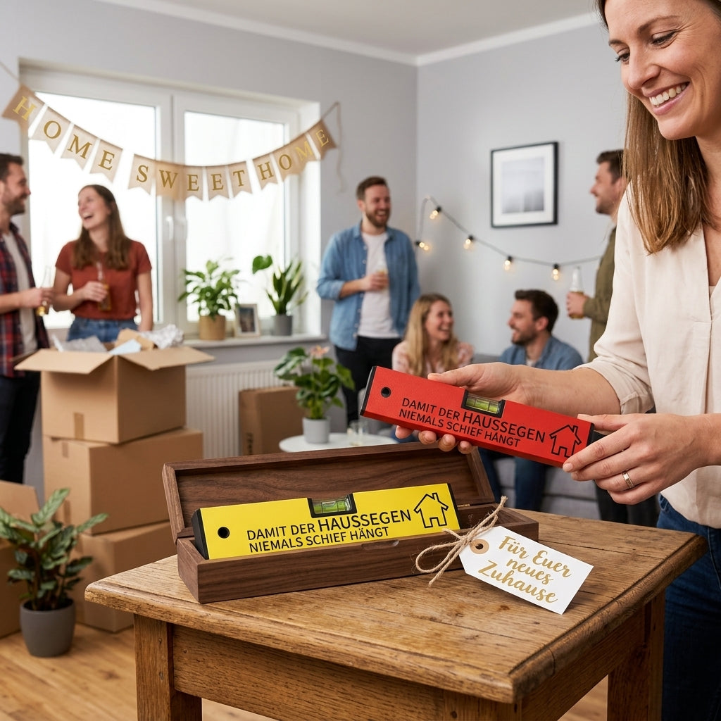 Geschenk zum Einzug Wasserwaage mit Spruch "Damit der Haussegen niemals schief hängt"