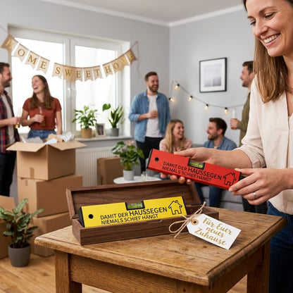 Geschenk zum Einzug Wasserwaage mit Spruch "Damit der Haussegen niemals schief hängt"