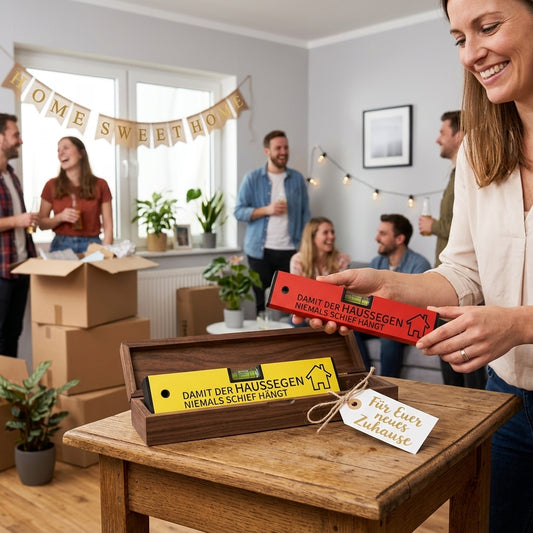 Geschenk zum Einzug Wasserwaage mit Spruch "Damit der Haussegen niemals schief hängt"