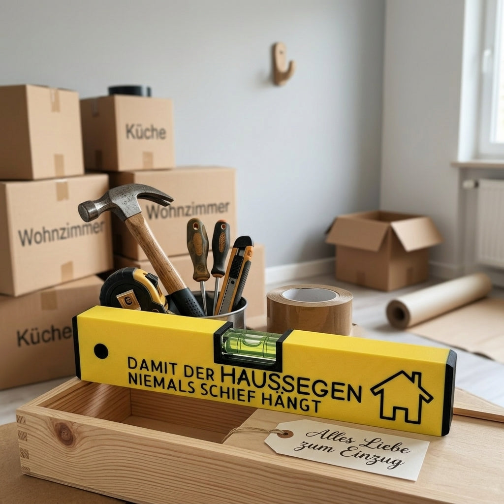 Geschenk zum Einzug Wasserwaage mit Spruch "Damit der Haussegen niemals schief hängt"