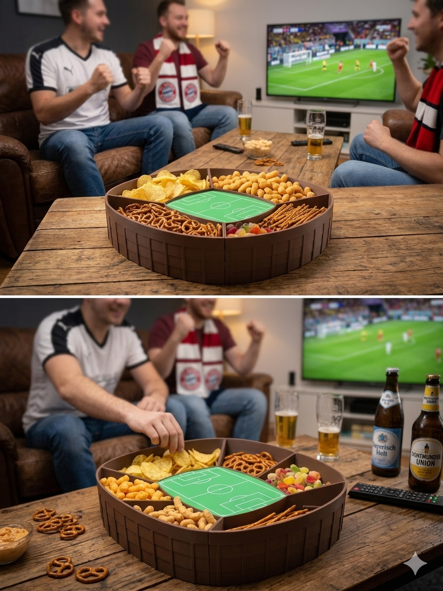 Fußball Snack Stadion XXL | Snackbox für Fußballparty & WM 2026 | Arena Servierplatte mit 6 Fächern